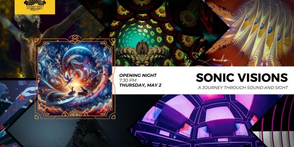 Sonic Visions text with Dome Fest West logo and 8 still images from films