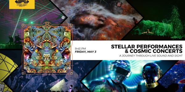 May 3 Stellar Performances and Cosmic Concerts text with Dome Fest West logo and 7 still images from films