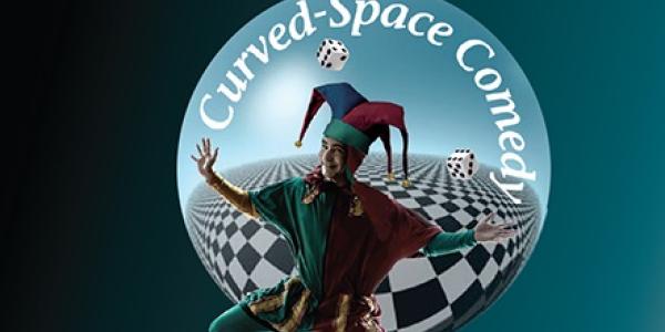 Graphic of a joker against a sphere with curved-space comedy