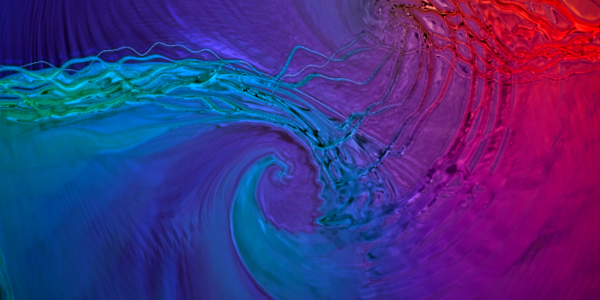 Liquid sky wave image with purples, blues, oranges and reds