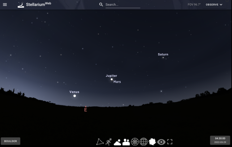 Graphic from Stellarium showing Jupiter and Mars touching and Venus to the lower left and Saturn to the upper right 
