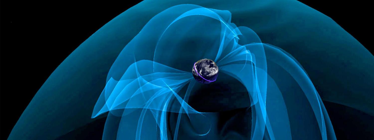 Still image from film with Earth and magnetic field displayed artistically