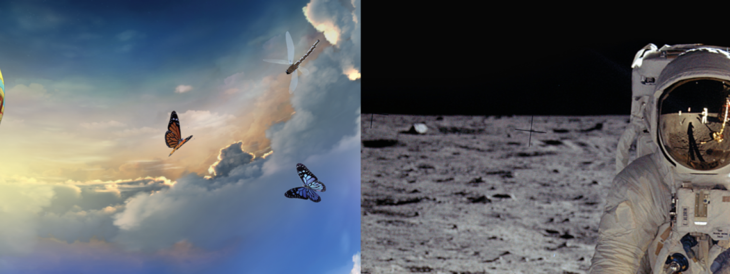 Still image from both films of Dream to fly with hot air balloon and astronaut on the surface of the moon