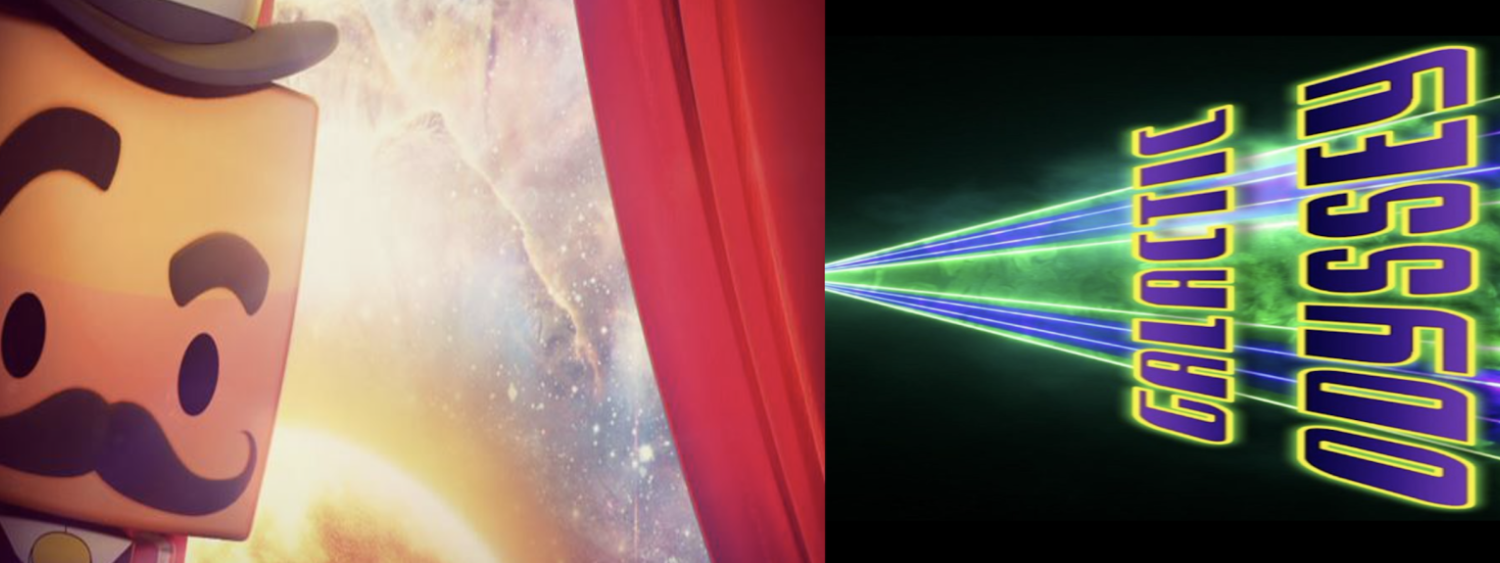 Still images of character from We Are Stars film and Laser Galactic Odyssey graphic with purple and green lasers