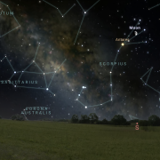 Graphic from Stellarium showing the southern horizon with Scorpius and Sagittarius. The Moon is the the upper right of Antares.