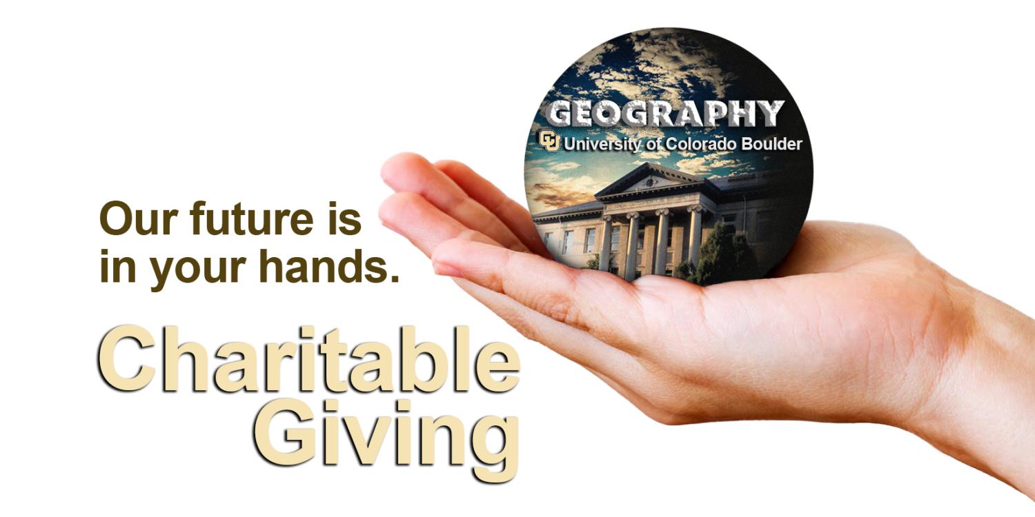 A hand holding the GEOG logo with the words "Our future is in your hands" and "Charitable Giving"