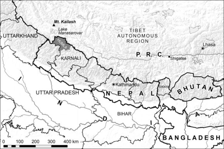 Black and white road map of Humla and Karnali in Nepal.