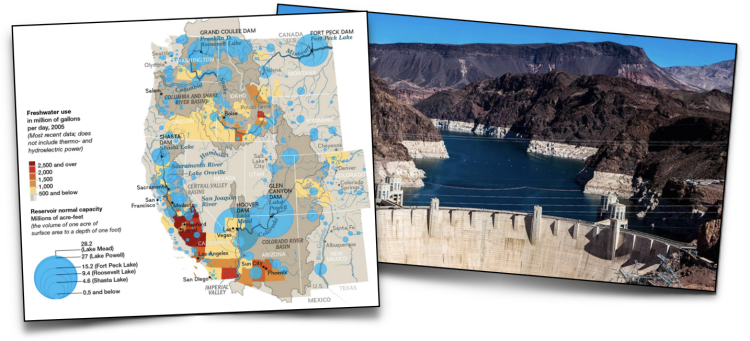 Collage of water map with water usage statistics, water dam