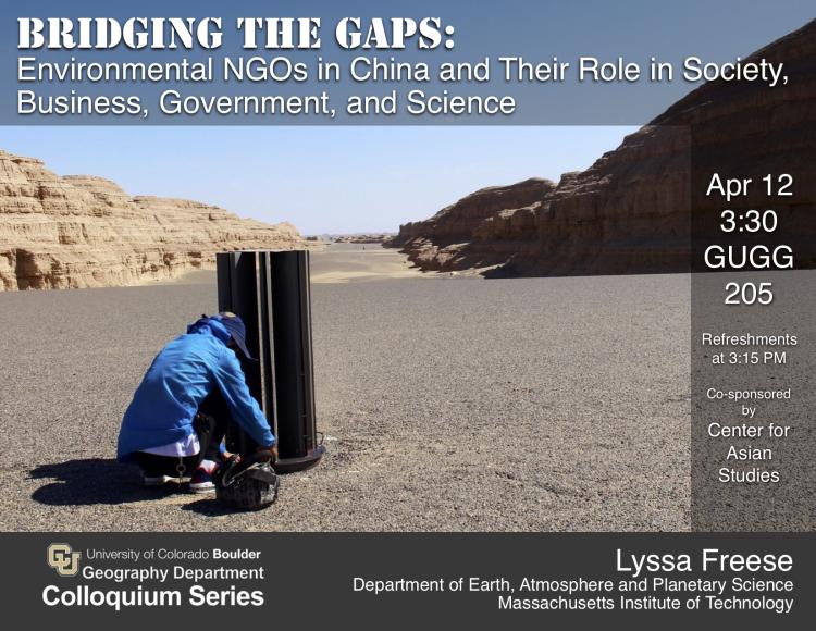 Colloquium poster with Woman squatting by research equipment in rocky desert-like landscape