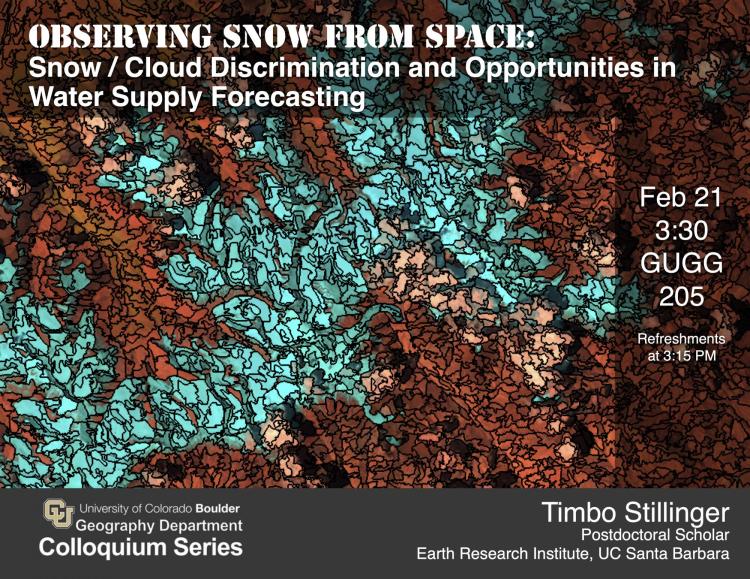 Colloquium poster with title, date, and photo of satellite view of snow