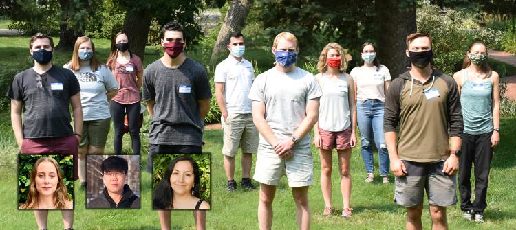 Fall 2020 Graduate Students Group Photo - Left to Right: David Bachrach, Jessica Voveris, Taylor Johaneman, Andrew Eiswerth, Behzad Vahedi, Ethan Burns, Emma Reives, Kathryn Tyler, Eric Kennedy, Emma Loizeaux. Natasha Harvey, Fan Li, Viviana Huiliñir-Curio (inset)