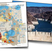 Collage of water map with water usage statistics, water dam