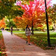 Student walking on the Norlin quad beneath fall colors