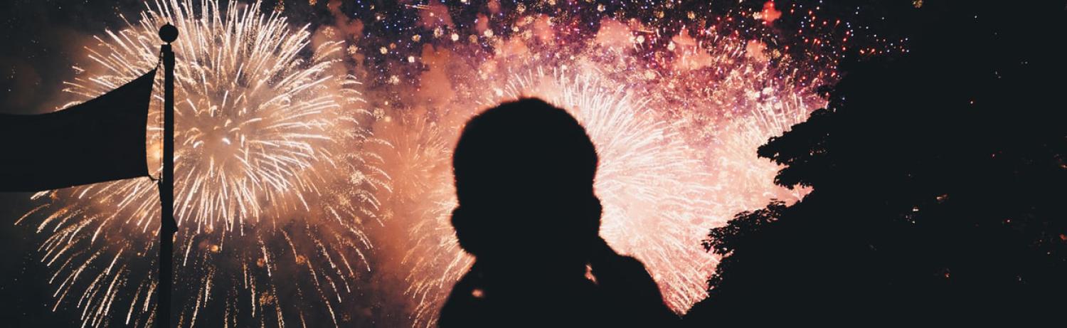 Silhouette of a man standing in front of a firework display.