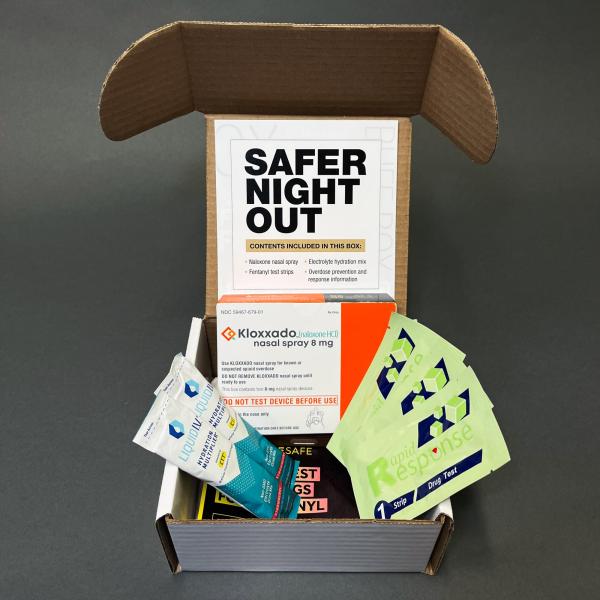 Photo of safer night out buff box with freebies inside.