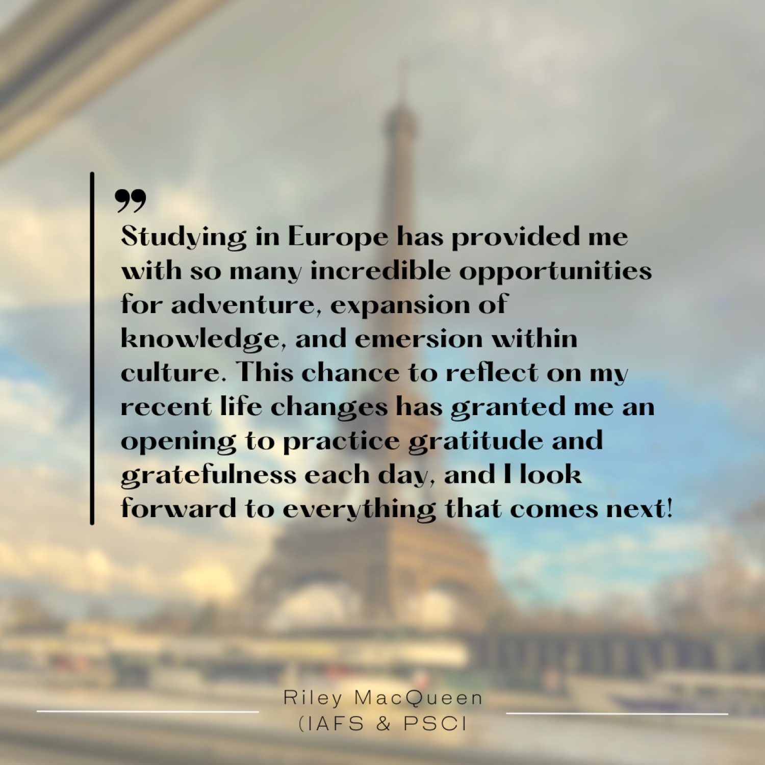 Blurry image of Eiffel tower with black text (quote from article) overlapping it.