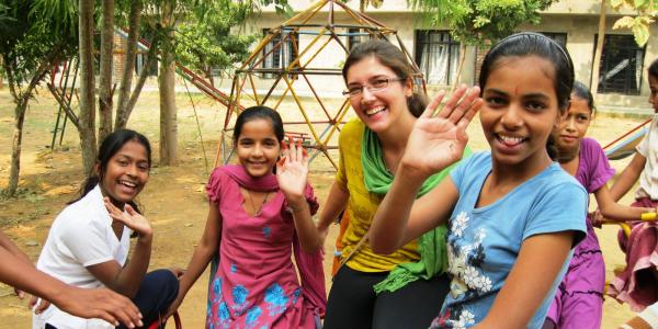 Renee with students in India