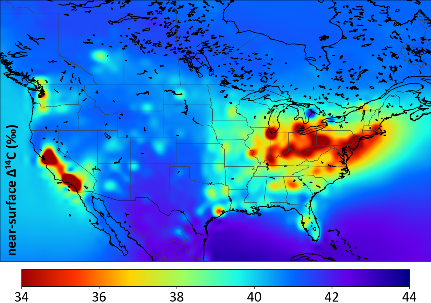 Colorful map of the US showing areas of low and high carbon-14 for a point in time