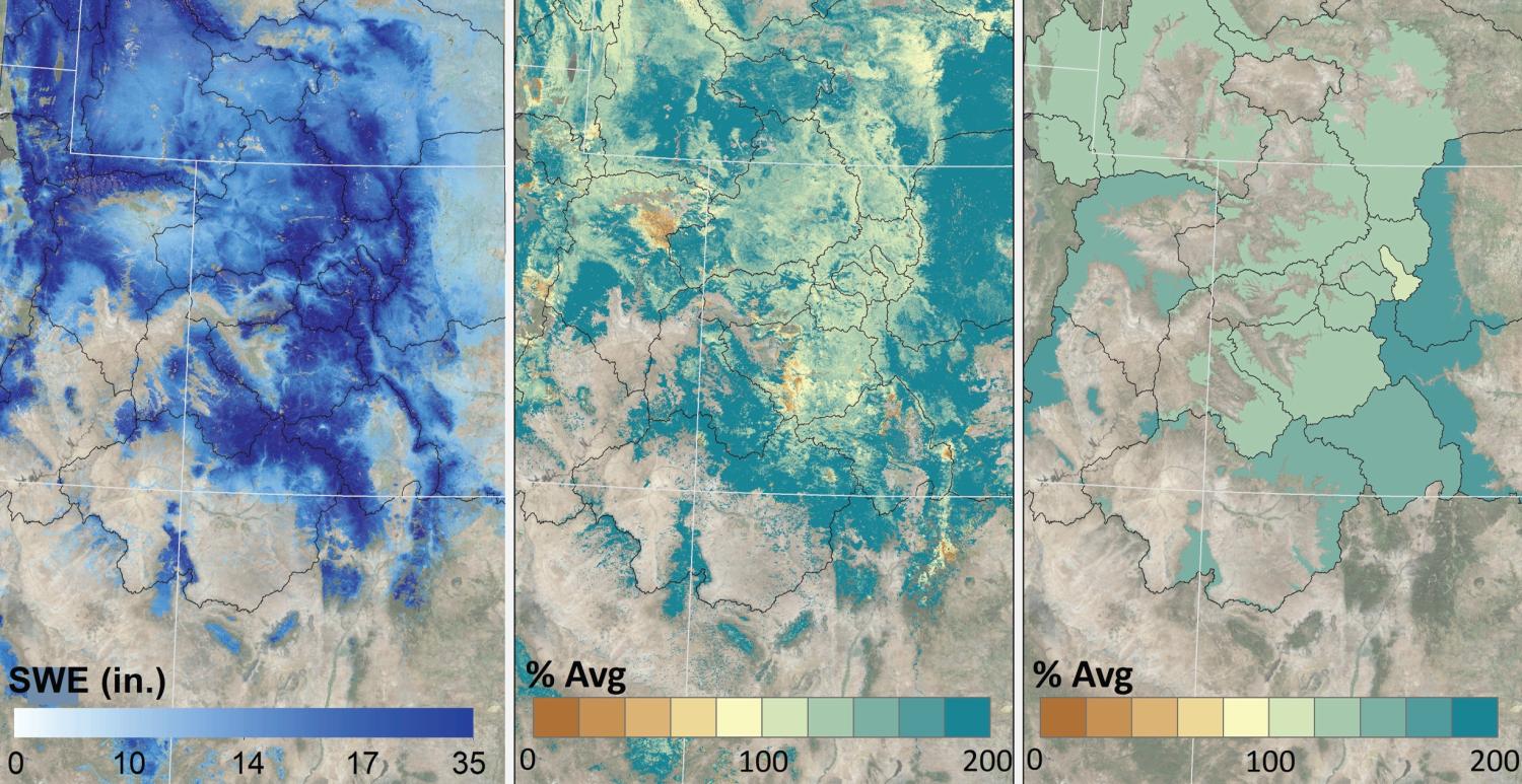 Maps of snow water equivalent for the intermountain west expressed as inches and percentages of normal