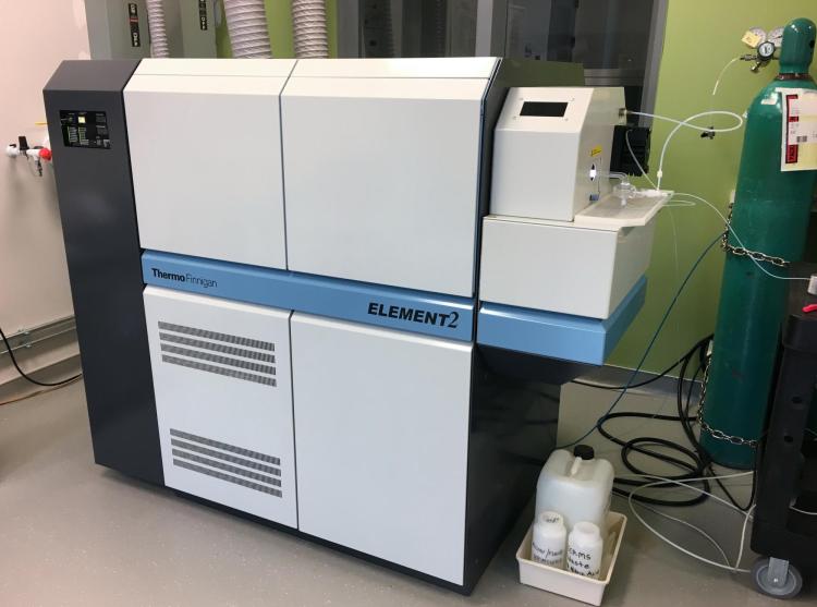 The Element2 ICP-MS instrument in the instrument room. It's a white and gray instrument about the size of two refrigerators.