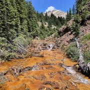 A stream with rusty orange streambed, centered in steep slopes with scree and evergreen trees, with a mountain in the background.