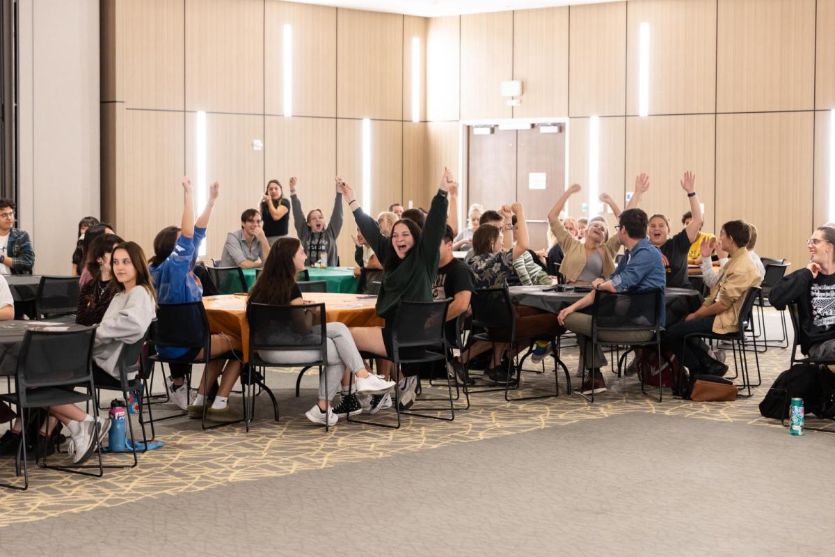 students celebrating a bingo win