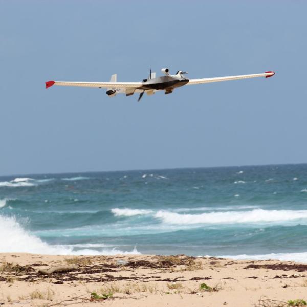 RAAVEN UAS flying over the beach in Barbados for project ATOMIC (2020)