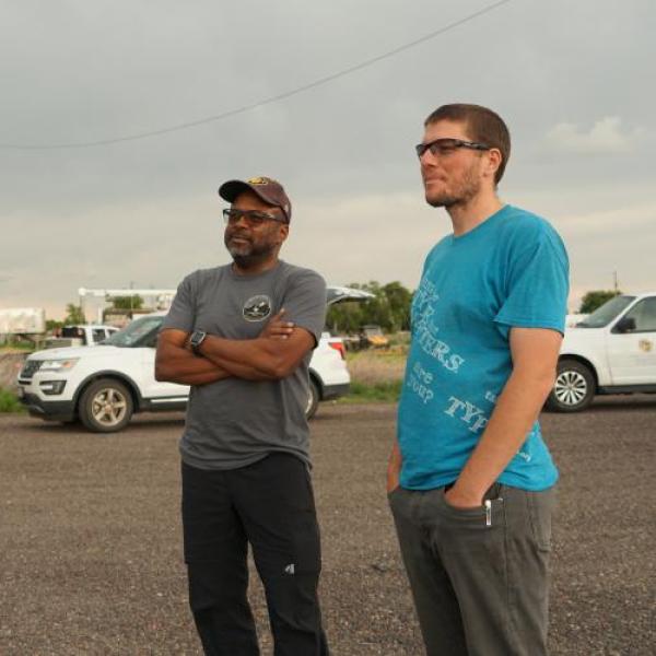 Brian Argrow (left) and Michael Rhodes (right) discussing storm formation on TORUS Deployment (2019)