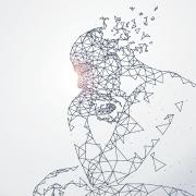 Graphic of a digital man thinking and dissolving 