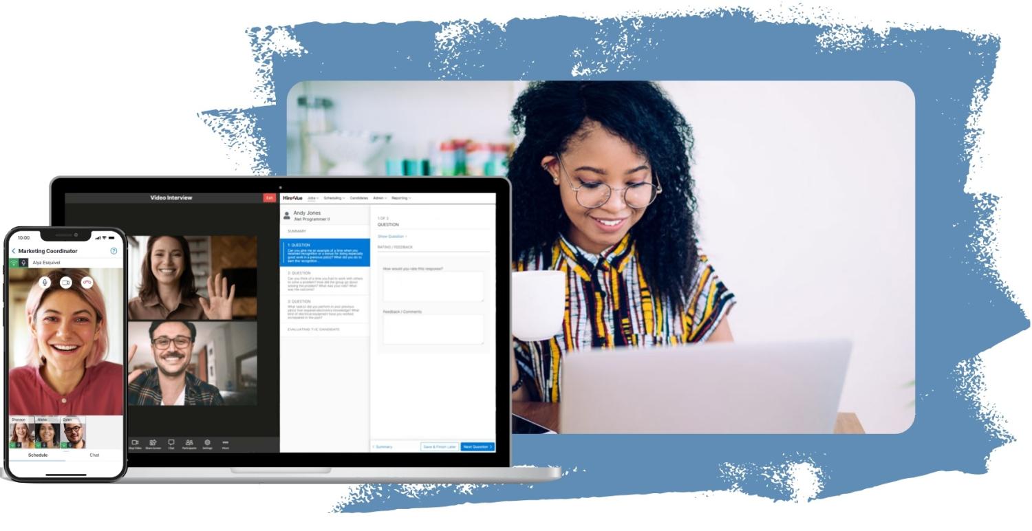 Three different images of people using HireVue video platform during a job interview.