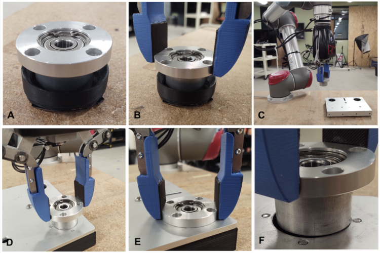 A complete peg-in-hole assembly sequence: A The bearing is presented in a 3Dprinted jig, B The bearing is picked up by the robot and transported to the assembly plate C. Force and torque measurements are used to D locate the hole E and complete insertion. Insertion failure due to misalignment F. Friction with the edge of the hole has caused the twisting action to pull the bearing further from the hole center.