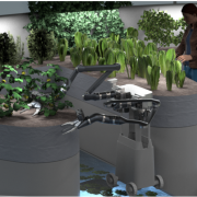 ROGR: Remotely Operated Gardening Rover performs plant care tasks alongside the astronaut and is able to assist automatically or via remote operation.