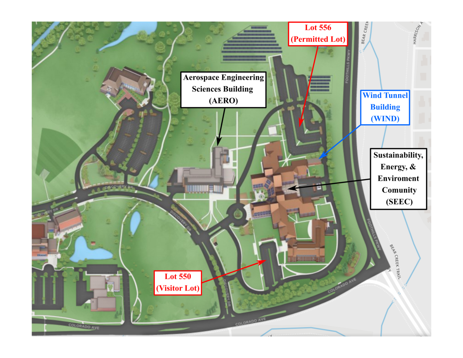 Map showing WIND building Location on CU East Campus.