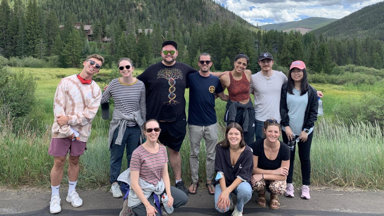 Spencer Lab on a walk during 2022 Lab Retreat in Keystone Colorado. Left to right: (Top) Tim Hoffman, Claire Armstrong, Forrest Shirley, Riley Ill, Varuna Nangia, Victor Passanisi, Yao Rong, (Bottom) Sabrina Spencer, Bri Fernandez, Lotte Watts