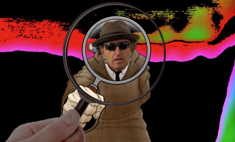 Professor Mark Amerika in a cartoon trench coat looking through a magnifying glass.