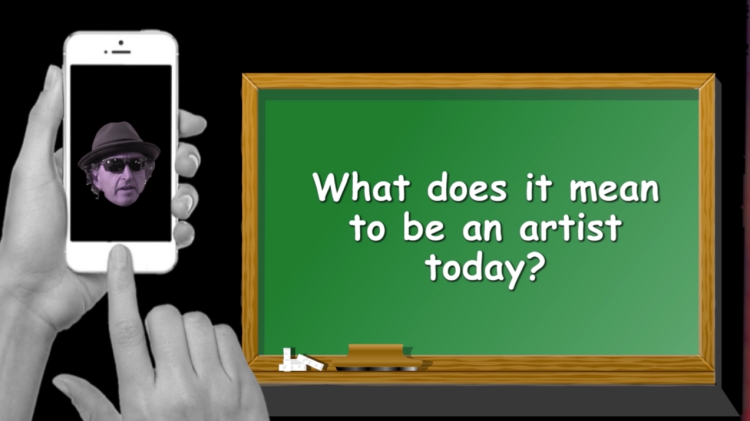 "What does it mean to be an artist today?" on a green cartoon chalkboard with a hand holding an iphone with Professor Mark Amerika's face on it.