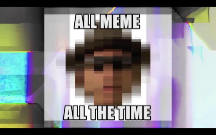 "All Meme all the time" on top of a glitched, pixelated image of Mark Amerika's face.