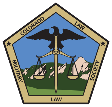 Gold and Black Pentagon that says "Colorado Law Military Law Society" with black stars in the upper right and upper left corners. Within the pentagon a black military eagle is standing on  a sword that is holding the scales of justice. The background is a drawn image of the Boulder flatirons in green and brown with a blue sky.