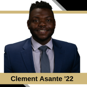 Headshot of Clement Asante with graphic background