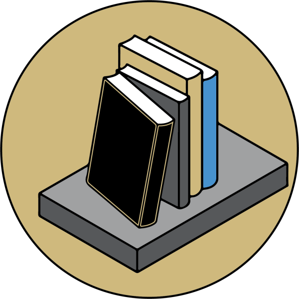 A graphic of books on a shelf.
