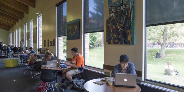  image of students studying alone and in groups at tables along the windows in Norlin Commons