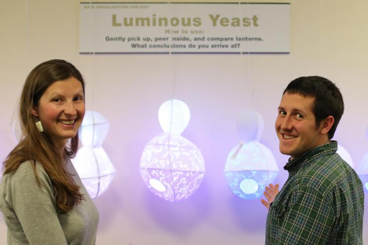 ATLAS graduate student, Lila Finch, conceptualizing data from Zach Wilson, a doctoral student in Molecular, Cellular, and Developmental Biology, in front of their data visualization, Luminous Yeast.
