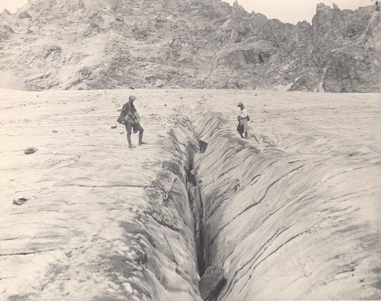Longitudinal crevasse, Arapaho Glacier, Boulder county, Colorado, September 1, 1919. Photograph by Junius Henderson