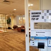 Sign that says 'Business Library Pop-Up' in Koelbel