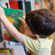 A young child pulls a colorful book from the shelves of the childrens and young adult collection