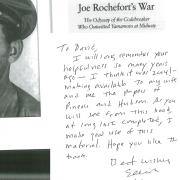 A personal note inside a copy of Joe Rochefort's War, from the author Eliot Carlson, thanking David Hays and CU Boulder Archives for all their assistance during his research.