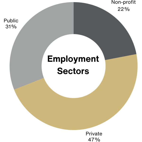 Pie chart showing employment sectors of 2024 graduates: 47% private, 22% non-profit, 31% public