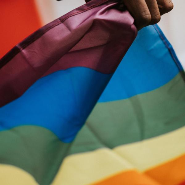 Photo of a hand holding a rainbow colored flag. 
