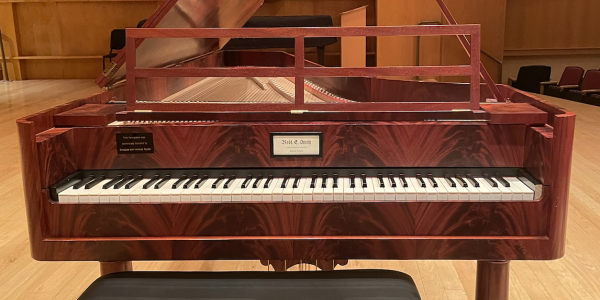 A new plaque adorns the newly playable fortepiano, a replica after Conrad Graf 1828 by Robert Smith, ca. 1982: “This fortepiano was generously donated by Douglas and Avlona Taylor.”