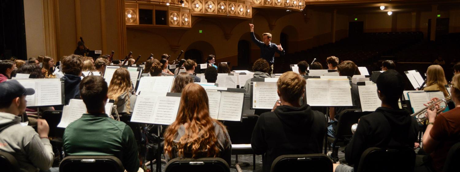 High school honor band on stage at Macky Auditorium